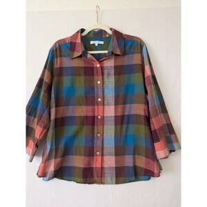 Foxcroft NYC Plaid Multicolor Button Up Shirt Size 18‎ Shaped Cotton 3/4 Sleeve
